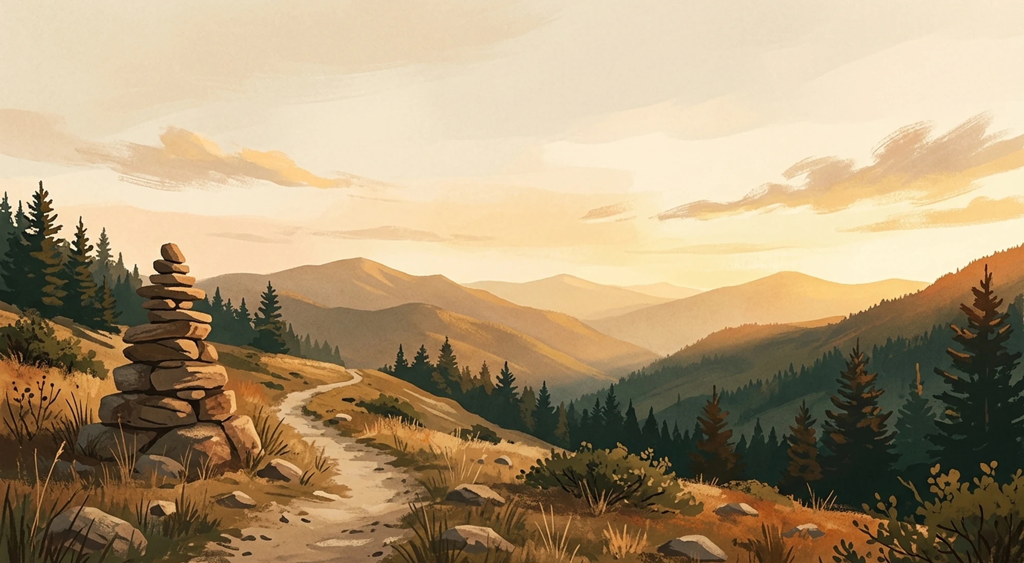 A stacked-stone cairn marking a trail through pine ridges at golden hour