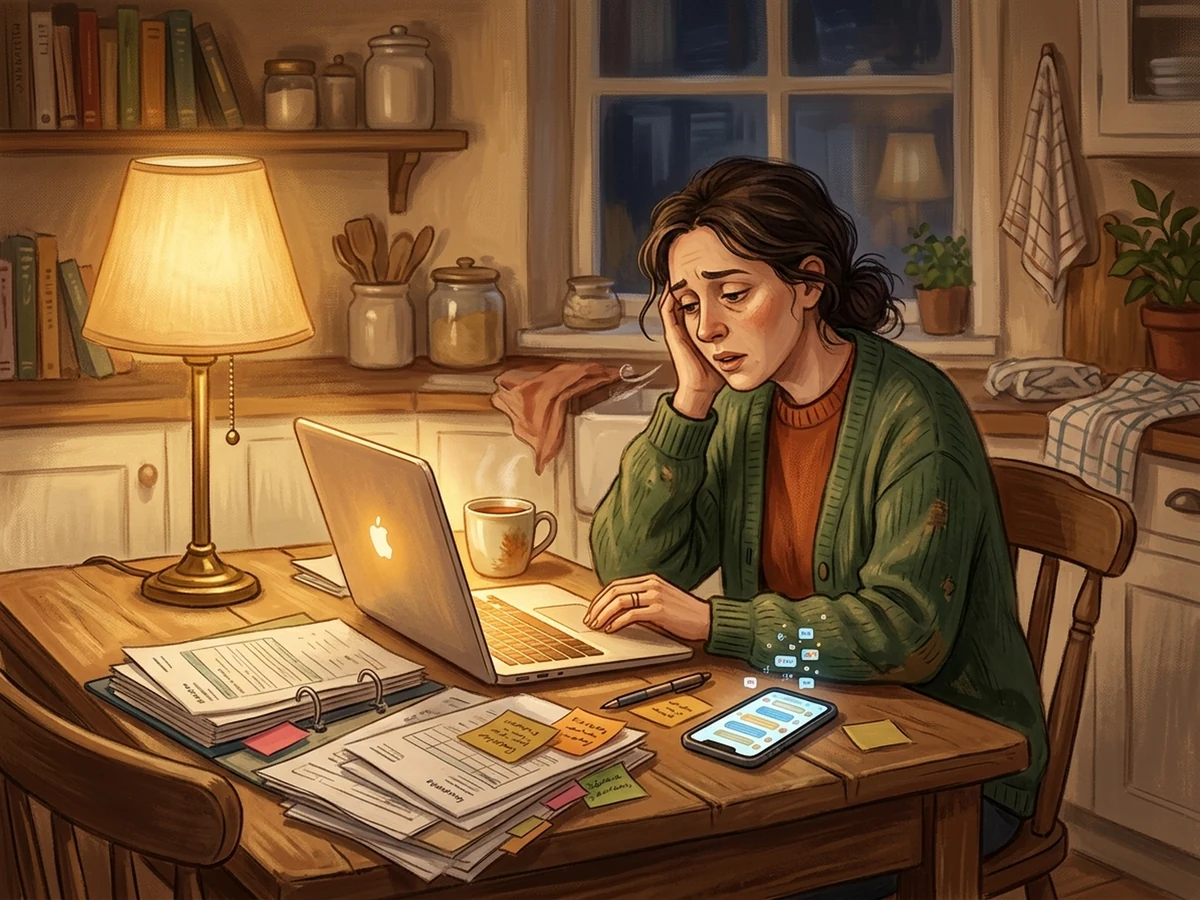 A volunteer at the kitchen table after hours, laptop open beside scattered forms, sticky notes, and a phone full of messages
