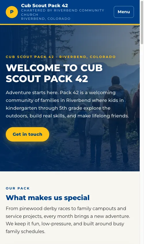 A Cub Scout pack's Front Door recruiting site on a phone, at its own web address