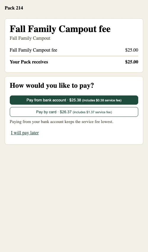 A parent paying an event fee from their phone