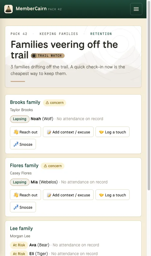 Check-ins: Catch a family before you lose them.