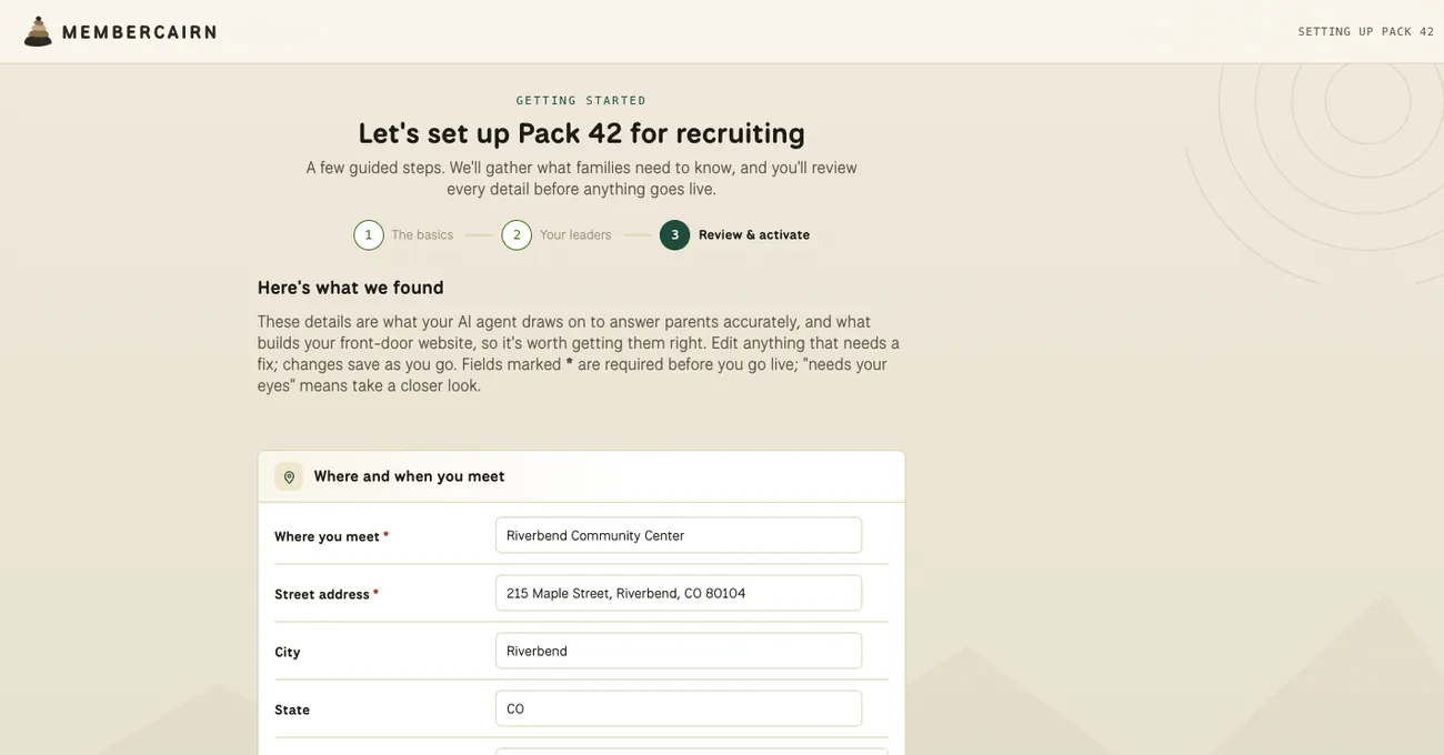 The AI-led setup interview writing a pack's site and messages from a few answers